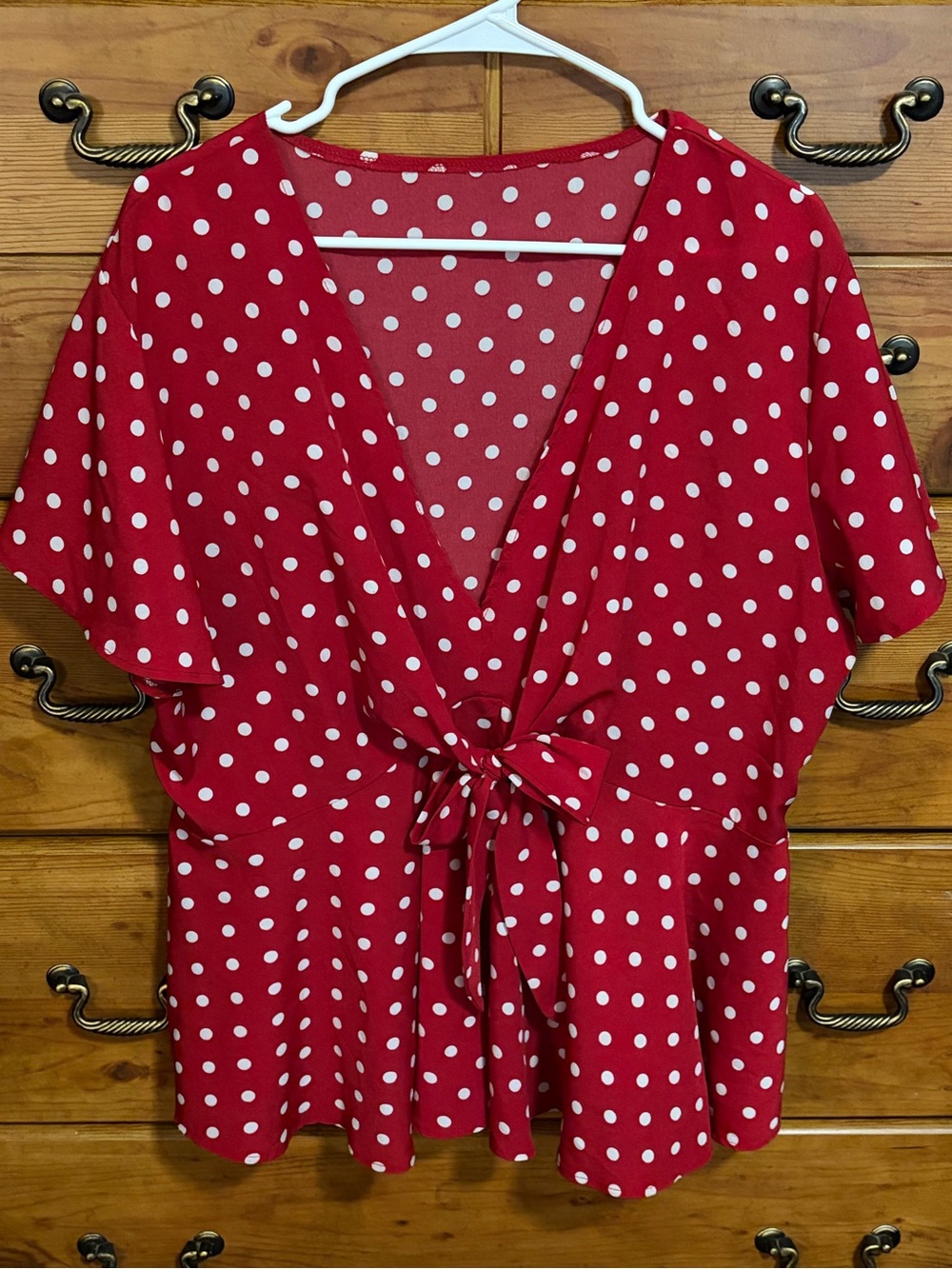 SHEIN Red Polka Dot Tie-Front Blouse